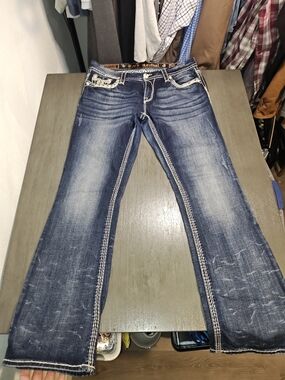 Rock Revival Woman's Distressed Blue Flare Jeans,Raizel Easy Bootcut,Size 29